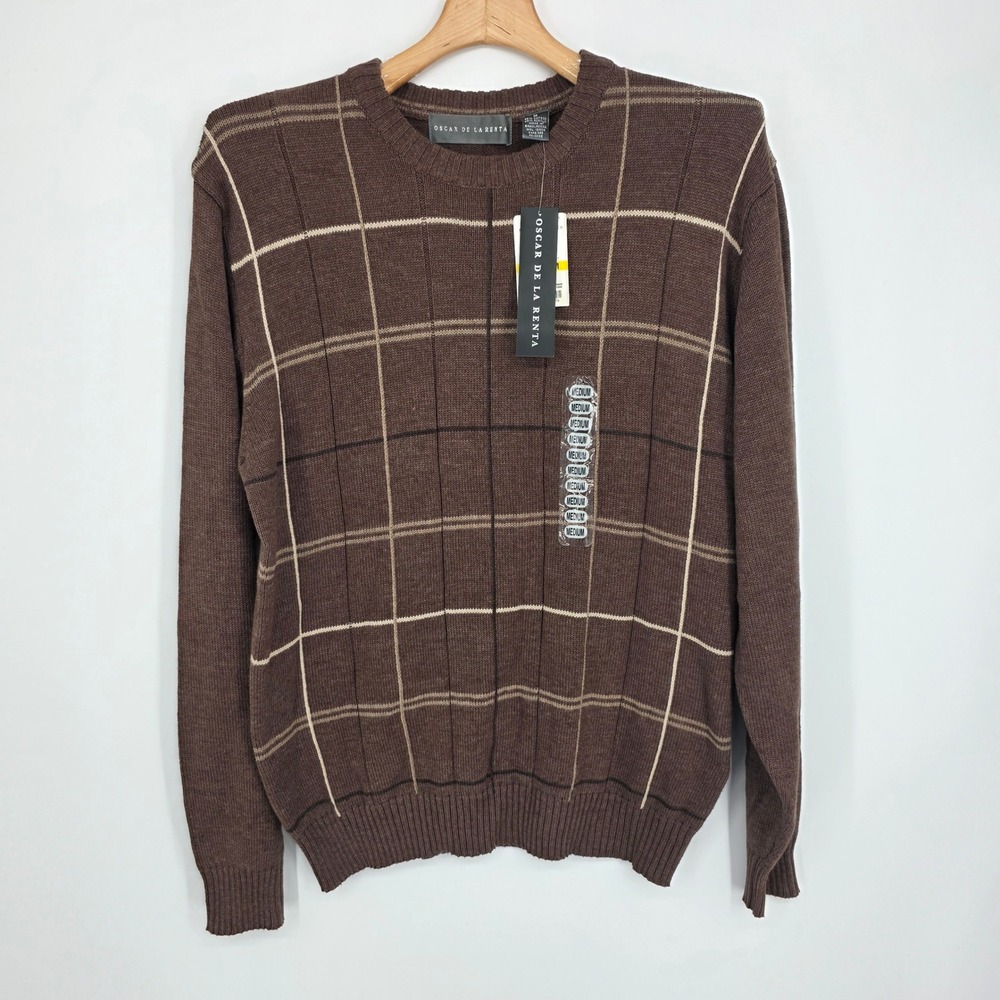 Oscar de la Renta Mens Brown Windowpane Plaid Crewneck Sweater Medium NWT